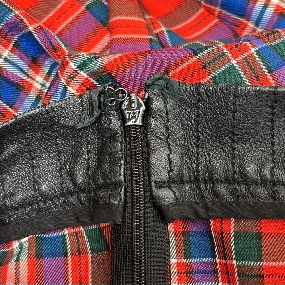 TANYA TAYLOR Tartan Plaid Check Lamb Leather Trim Ruched Ankle Crop Trousers 14 - Picture 10 of 10
